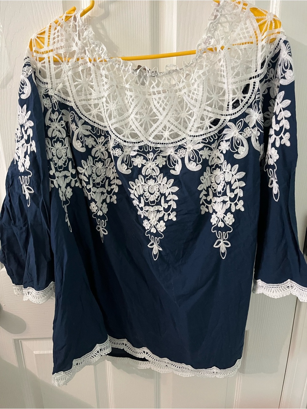 Cato’s Blue Embroidered Lace-Trim Peasant Top